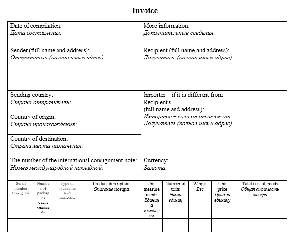 Commercial invoice заполненный образец